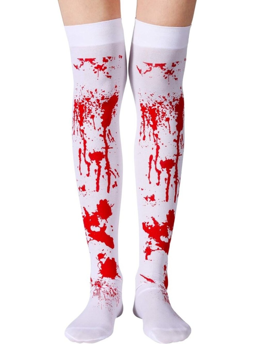 Womens Blood Splatter Stained Print White Thigh High Stockings Halloween Costume